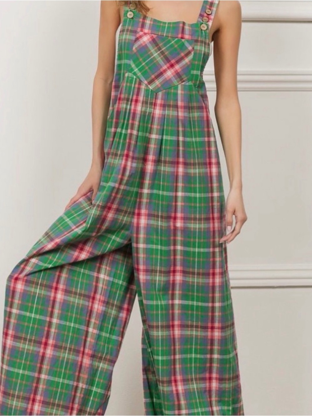 BiBi Green Plaid Wide Leg Overalls NWT size Medium Cotton Colorful Teacher - Picture 14 of 14
